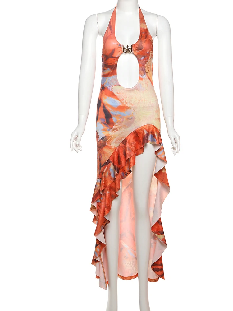 فستان نسائي مثير غير منتظم من Kliou فستان صيفي لحفلات العطلات رداء طويل جذاب مطبوع عليه رسن رقبة منخفضة كشكش Mujer Bodycon