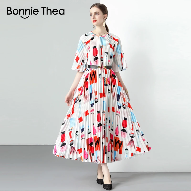 

Miyake New organ Pleated Long dresses for womens 2023 O-Neck Lace-up Belt Loose Large Size Vintage Dress Party Maxi dress beache