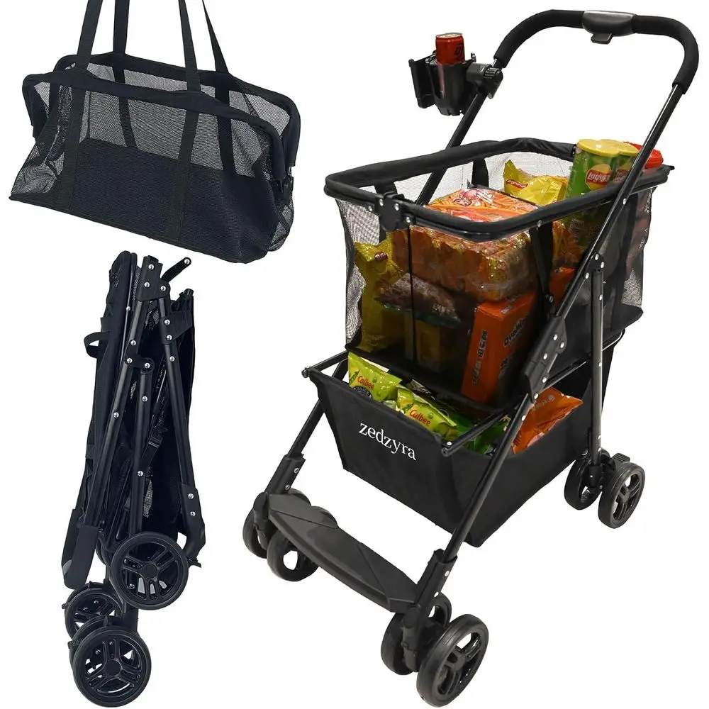 

Foldable Shopping Cart with Wheels - Heavy Duty Grocery Cart, 80lbs Collapsible Utility Cart for Groceries, Laundry, Ideal for S