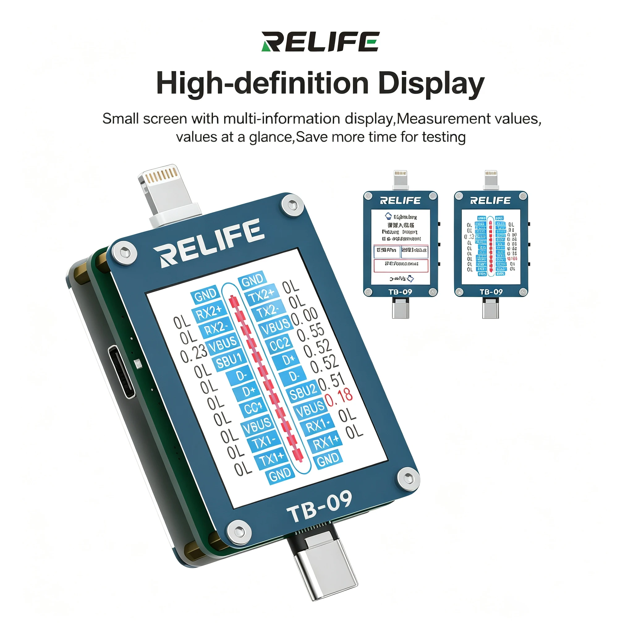 RELIFE TB-09 Tail Plug Dock Detection Tool High-definition Display for IP Android Charging Port Tester Phone Diagnosis Repair