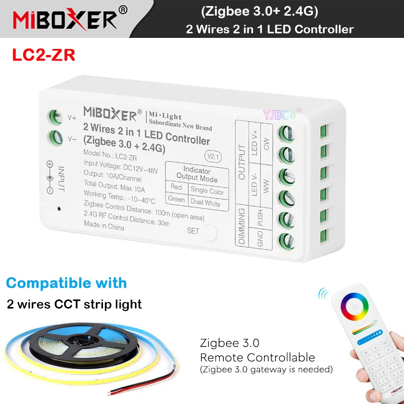 Miboxer Zigbee 3.0 2 in 1 CCT 2 Wires COB led Strips Light dimmer Tuya 2.4G Single color Dual white LED Strip Controller 12V 24V