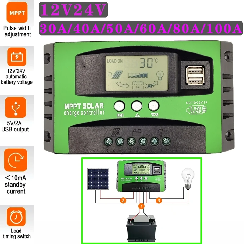 MPPT Solar Charge Controller 30A 40A 50A 60A 80A 100A USB LCD Display Photovoltaic Panel Regulator 12V 24V Charging with Load