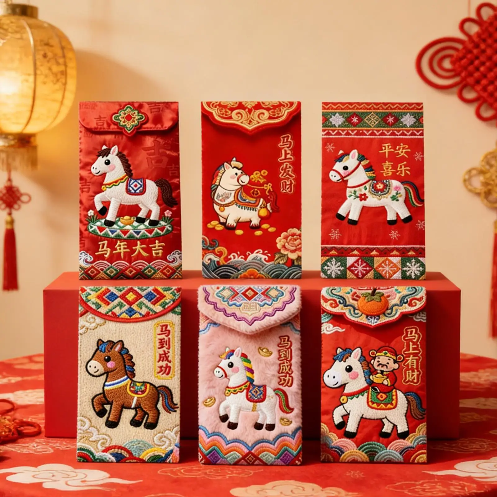 6 Teile/satz Rote Geld Umschläge 2026 Jahr des Pfers Gesticktes Rotes Paket Neujahr Kinder Glück Geld Brieftasche