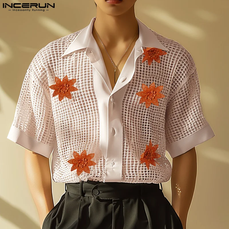 

INCERUN 2024 Men Shirt Hollow Out Mesh Flower Lapel Short Sleeve Men Clothing Streetwear Transparent Fashion Casual Shirts S-5XL