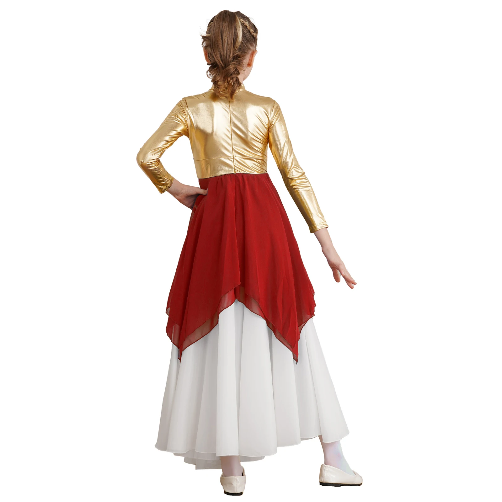 Kids Girls Celebration of Spirit Long Sleeve Praise Dance Dress Metallic Color Block Church Liturgical Worship Costume