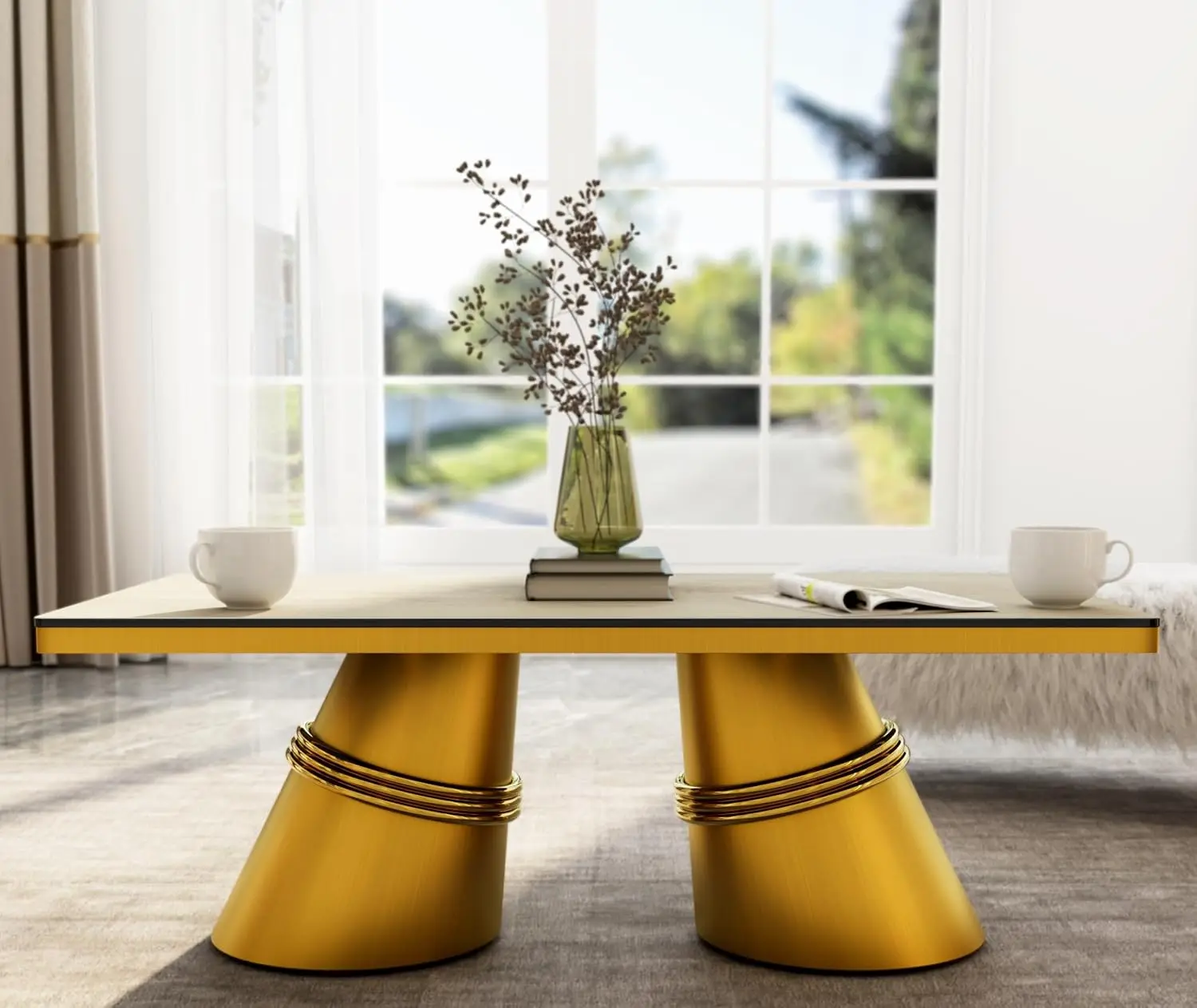 Rectangular Brushed Gold Coffee Table 50 Inch Glass Top Tapered Barrel Base Living Room, Customized