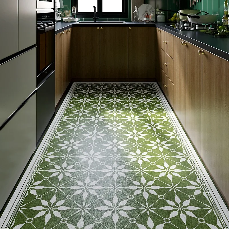 Kitchen Floor Mat Green Geometric Waterproof Oil-proof PVC Leather Carpets Anti-fouling Large Area Full Rugs Tapete De Cozinha