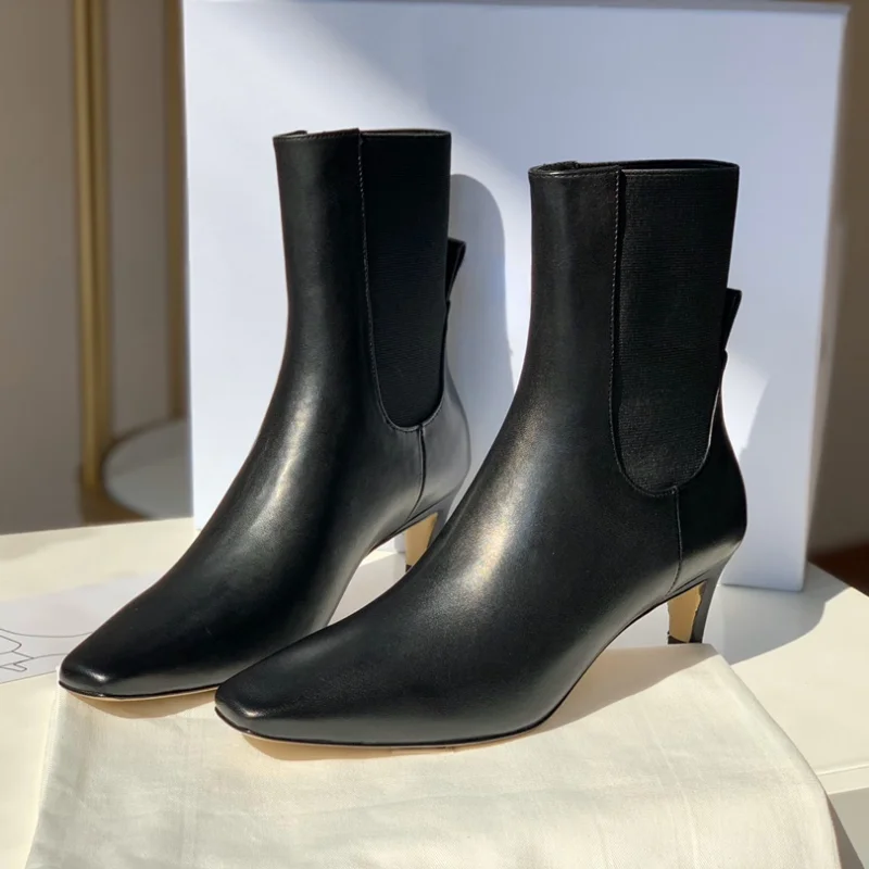 2022 New Short Boots Real Leather Black Minimalist Pointed Toe Super Fine Suede Low-heeled Ankle Boots Women