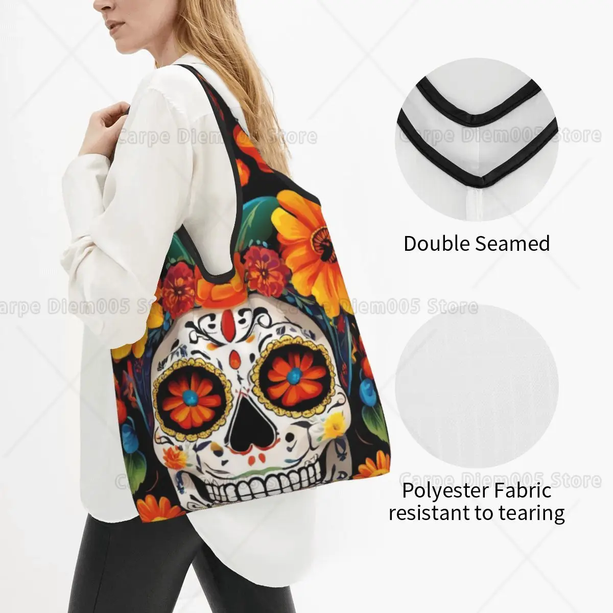 Flowers Skull Day of Dead Foldable Reusable Grocery Foldable Eco-Friendly Nylon Grocery Bags Waterproof Shopping Tote Bags