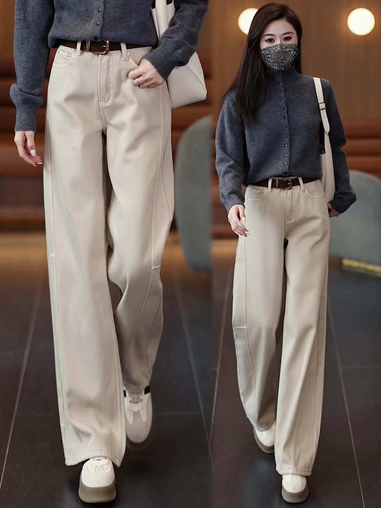 

High Waist Fleece Lined Wide Leg Jeans Women's Casual Straight Cut Knife Pants Autumn Winter New Style Popular Dreamy