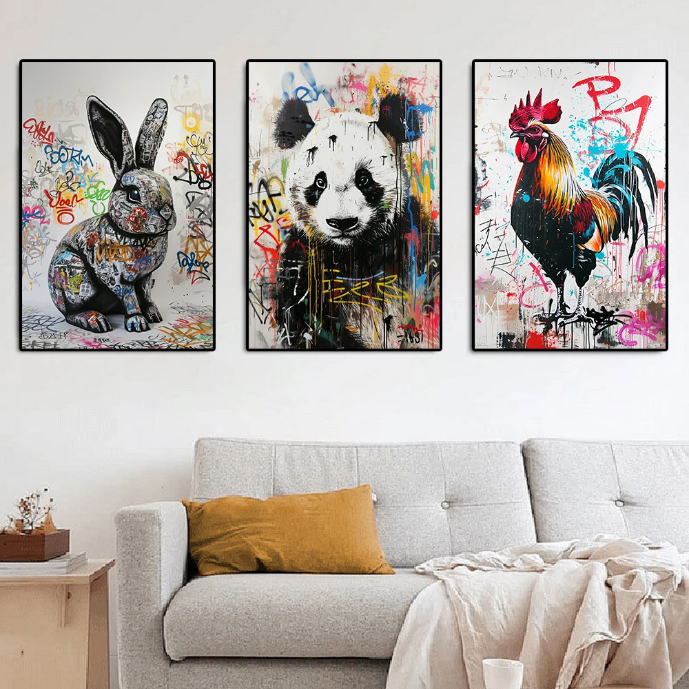 Abstract Street Graffiti Panda Canvas Painting Elephant Giraffe Watercolor Poster Colorful Rooster Lion Wall Art Room Home Decor