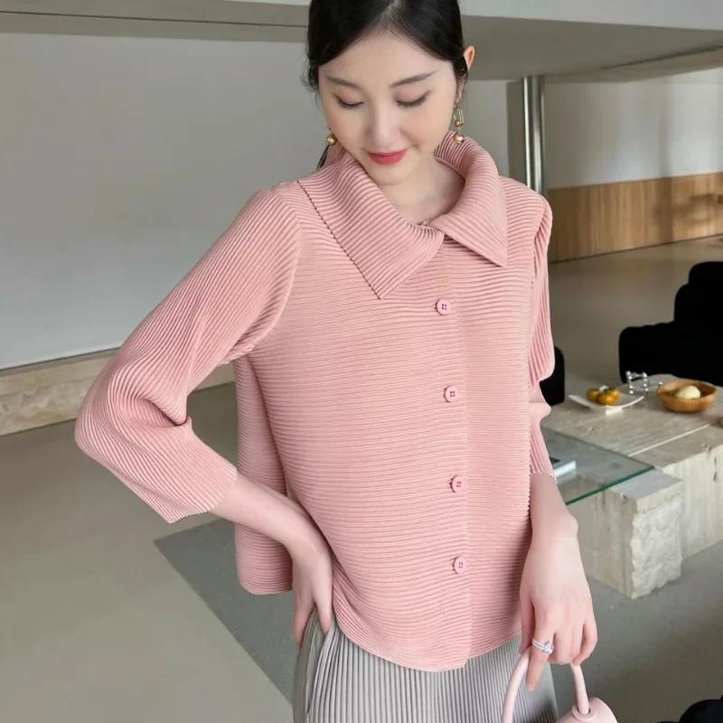 Miyake Pleated Lapel Jacket Commuter Versatile Ageing Short Shirt Korean Version of The Fashion Ladies Shirt Aesthetic Clothing