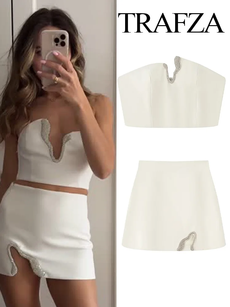 

TRAFZA Summer Women Solid Rhinestone Design Skirt Suit Sexy Sleeveless Strapless Short Top+Elegant Side Zipper A-Line Mini Skirt