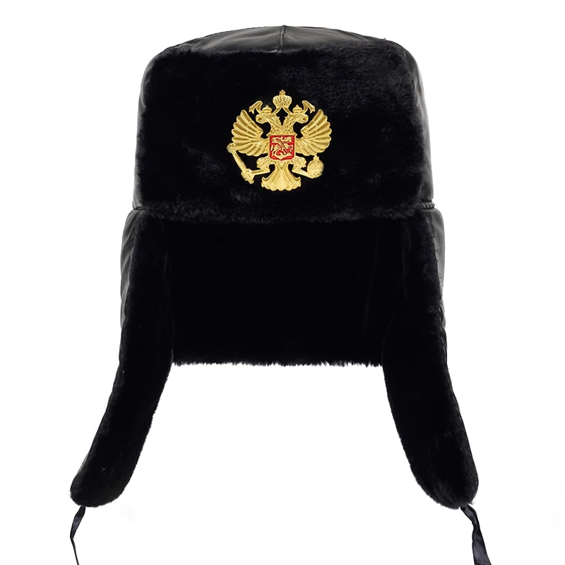 Soviet Army Military Badge Russia Ushanka Bomber Hats Pilot Trapper trooper Hat Winter Faux Rabbit Fur Earflap Men Snow Caps