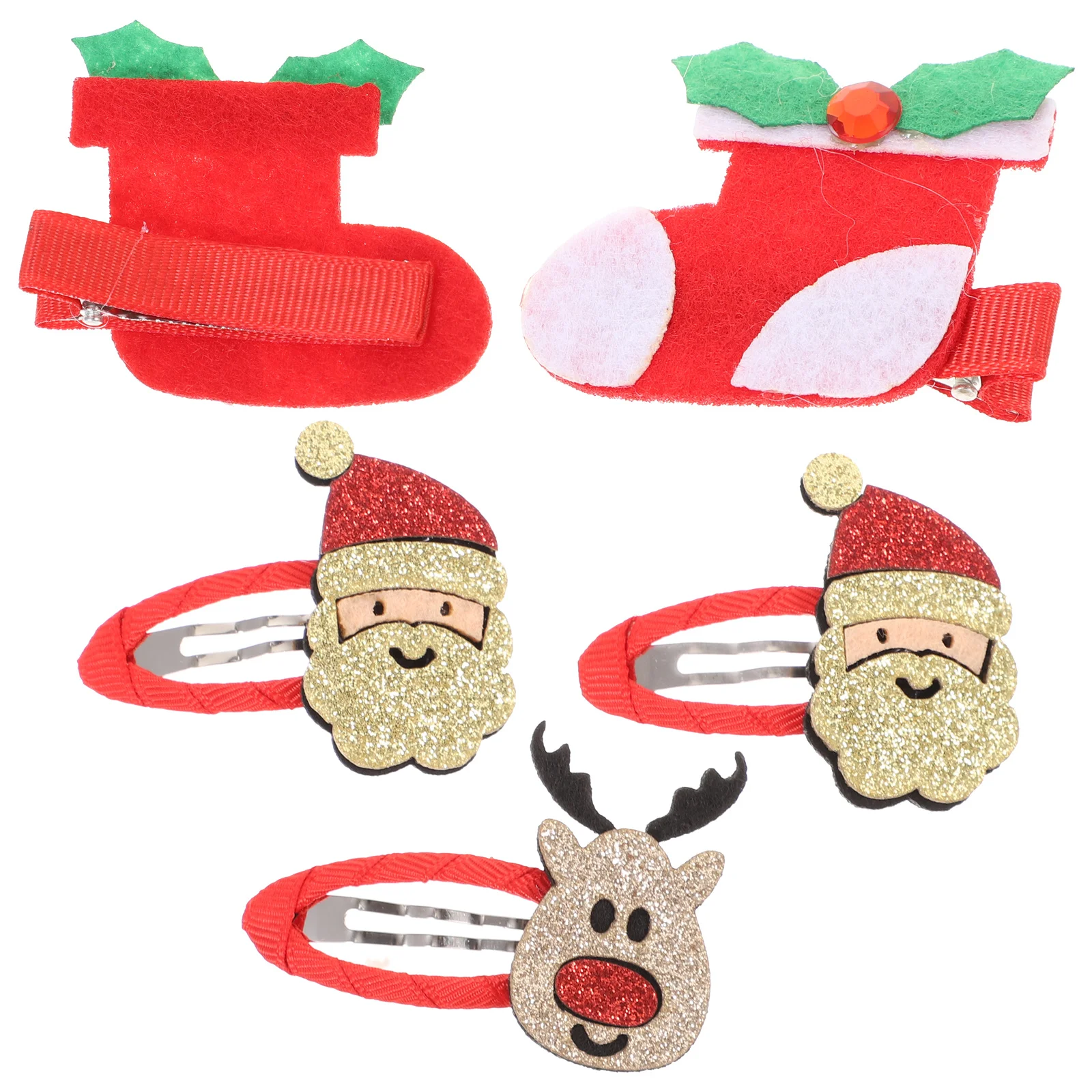 

5pcs Christmas Hair Clips Set Accessories Elk Santa Hat Antler Tree Stylish Natural Bows Hair Decor