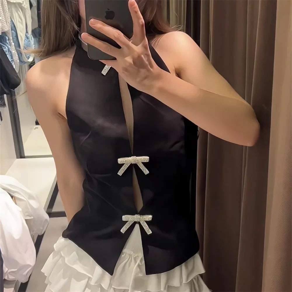 

Новый летний женский модный облегающий короткий топ с открытыми плечами, украшение в виде банта, висящий топ на шею