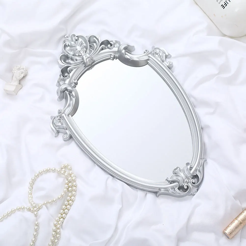 

1Pcs Framed Hanging Mirror Retro European Style Silver Wall Mounted Mirror for Bathroom Cloakroom Home Decor Gift