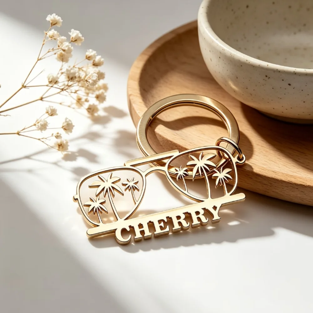 Personalized Custom Name Sunglasses Palm Tree Keychain, Stainless Steel Hollow Tropical Key Ring, Charm Gift