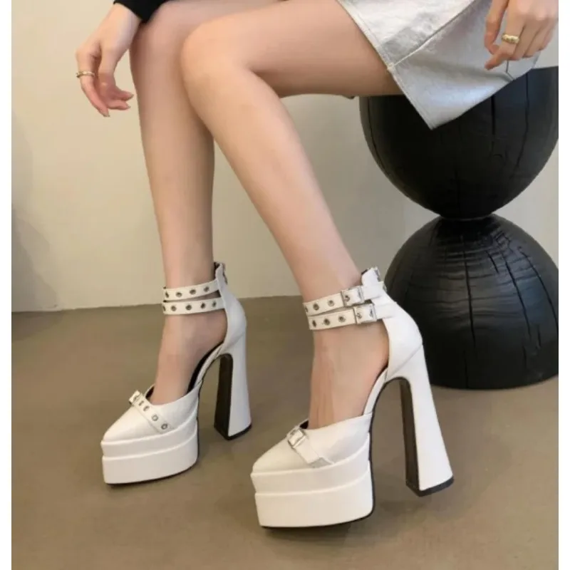 Summer New Style Women Sandal Buckle Strap PU 14CM Square Heels Summer New Fashion Sexy Mature Rome Pointed Toe Women Shoes
