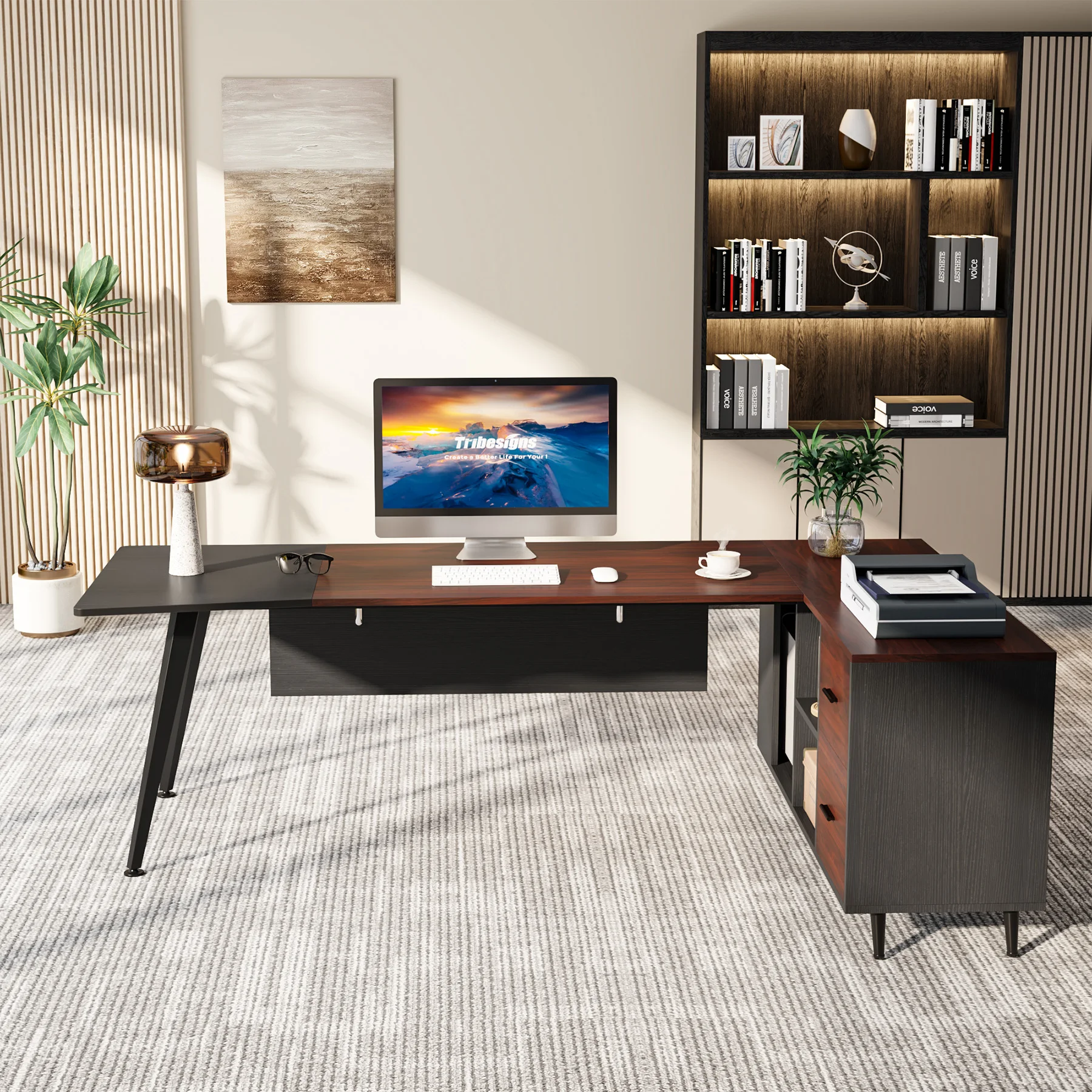 Tribesigns 87” Extra Large Executive Desk with 51” File Cabinet, L-Shaped Office Desk, Business Furniture Set