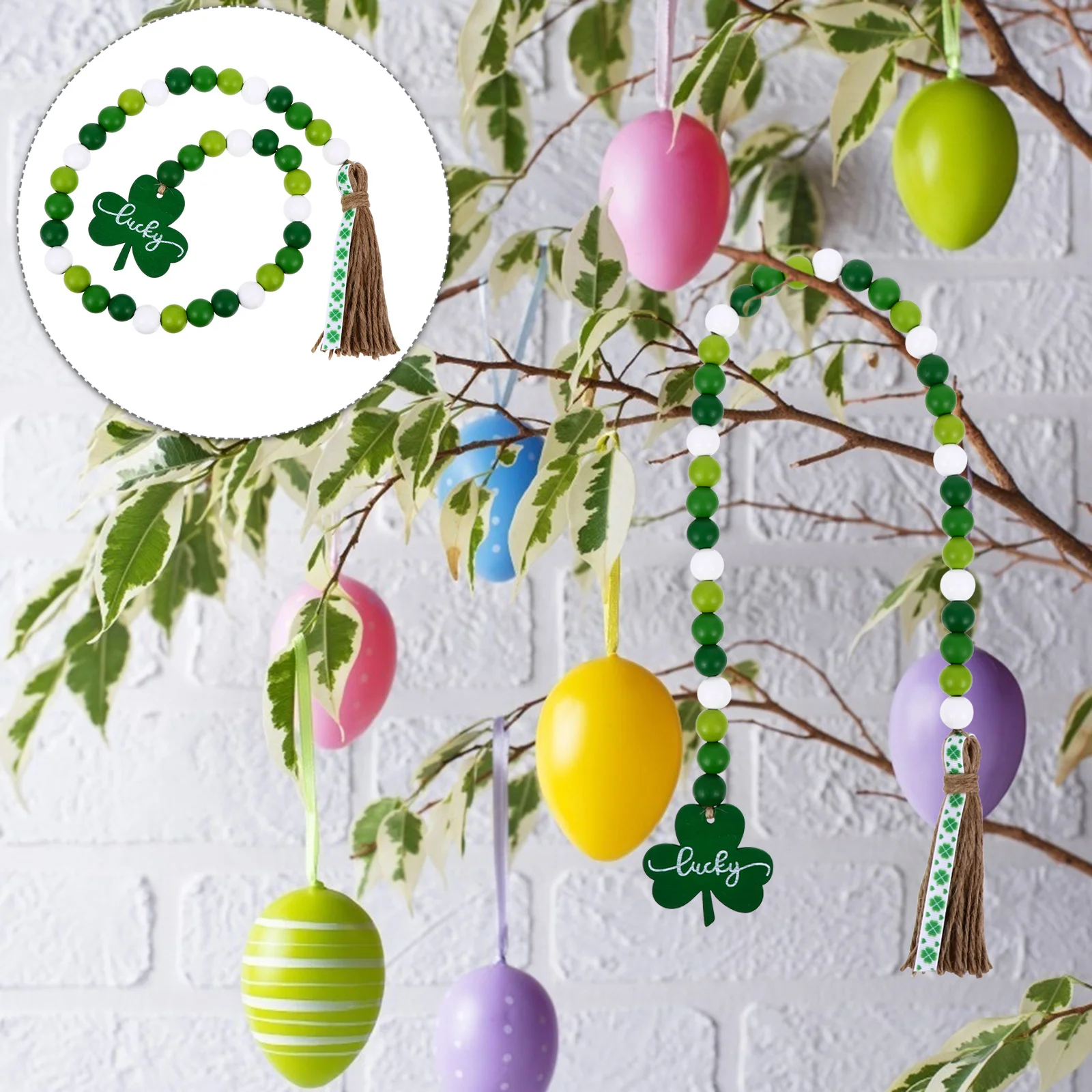 

1Pcs Green Wooden Beads Wall Hanging Decor Modern Home Adornment with Chic Clover Design for Living Room Bedroom Office Space