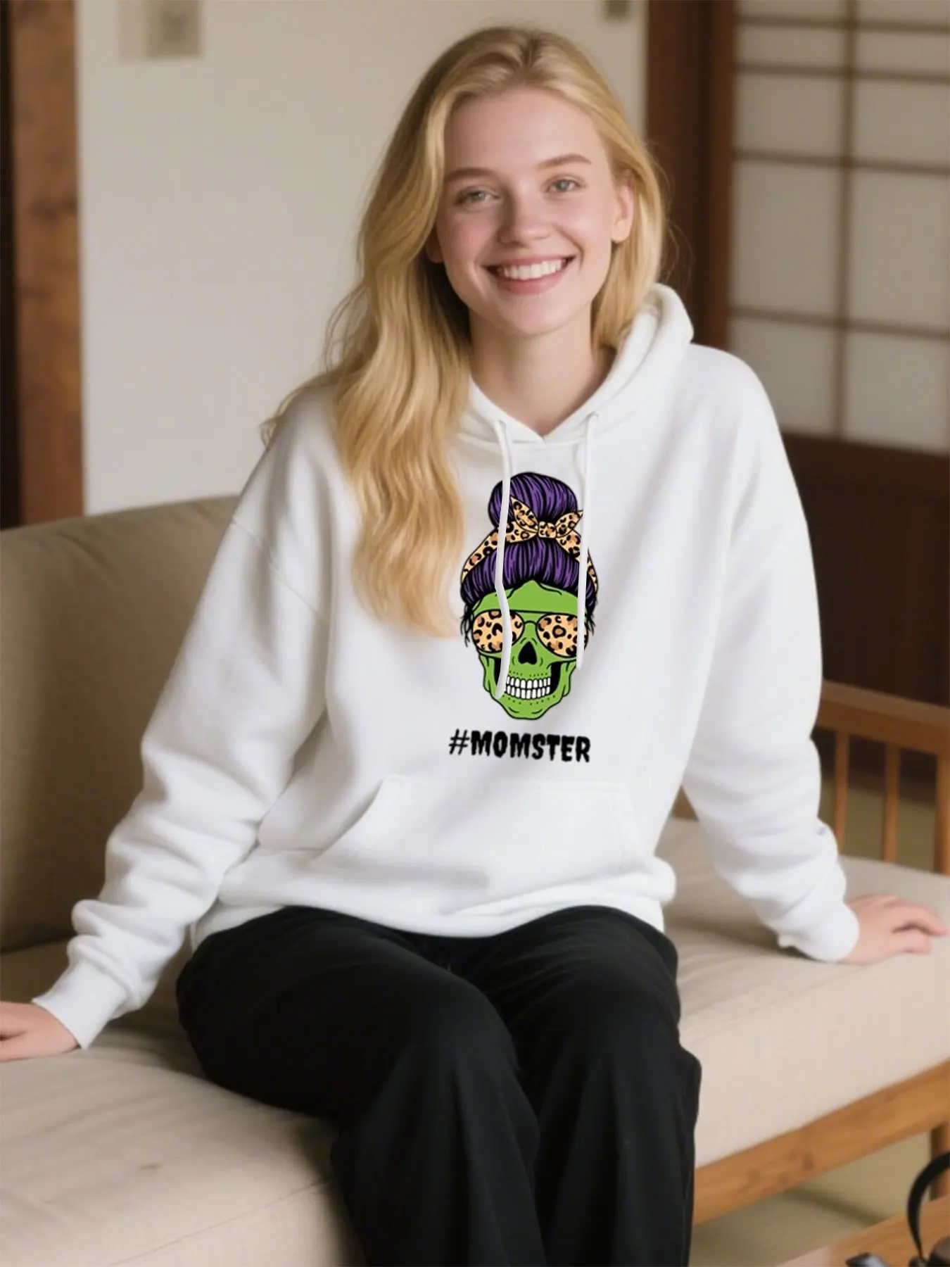 

Soft Cotton Hoodie With #Momster Skull & Leopard Print, Perfect For Halloween & Casual Wear