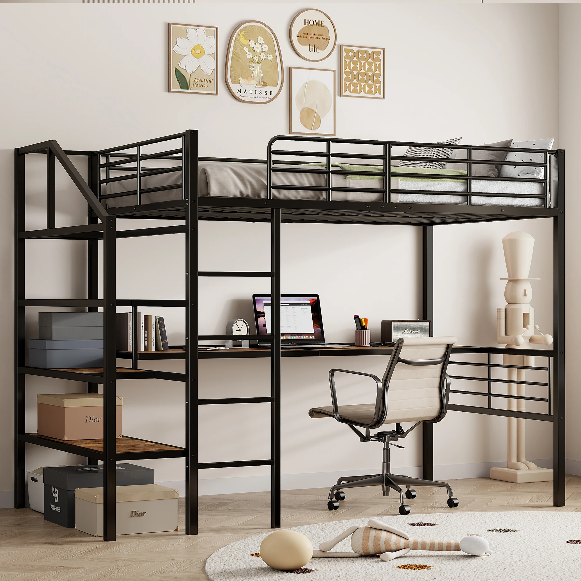 High bed 90x200 cm, without mattress, desk, step stairs to the storage, iron frame, Black