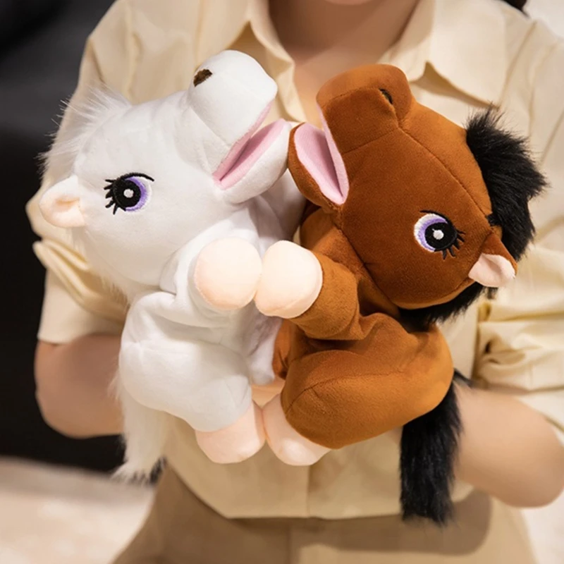 Jouet en peluche cheval dessin animé, marionnette à main mignonne avec bouche ouverte, mâchoire Flexible, Animal en
