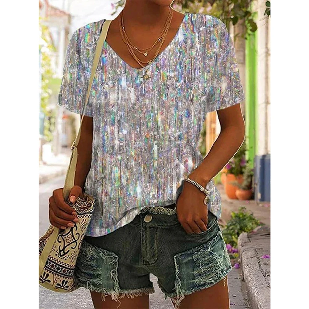 2024 Summer 5XL Women's T-Shirt Vintage Casual Black Fashion V Neck Pullover Short Sleeve Printed Loose Daily Tops Design Clothe