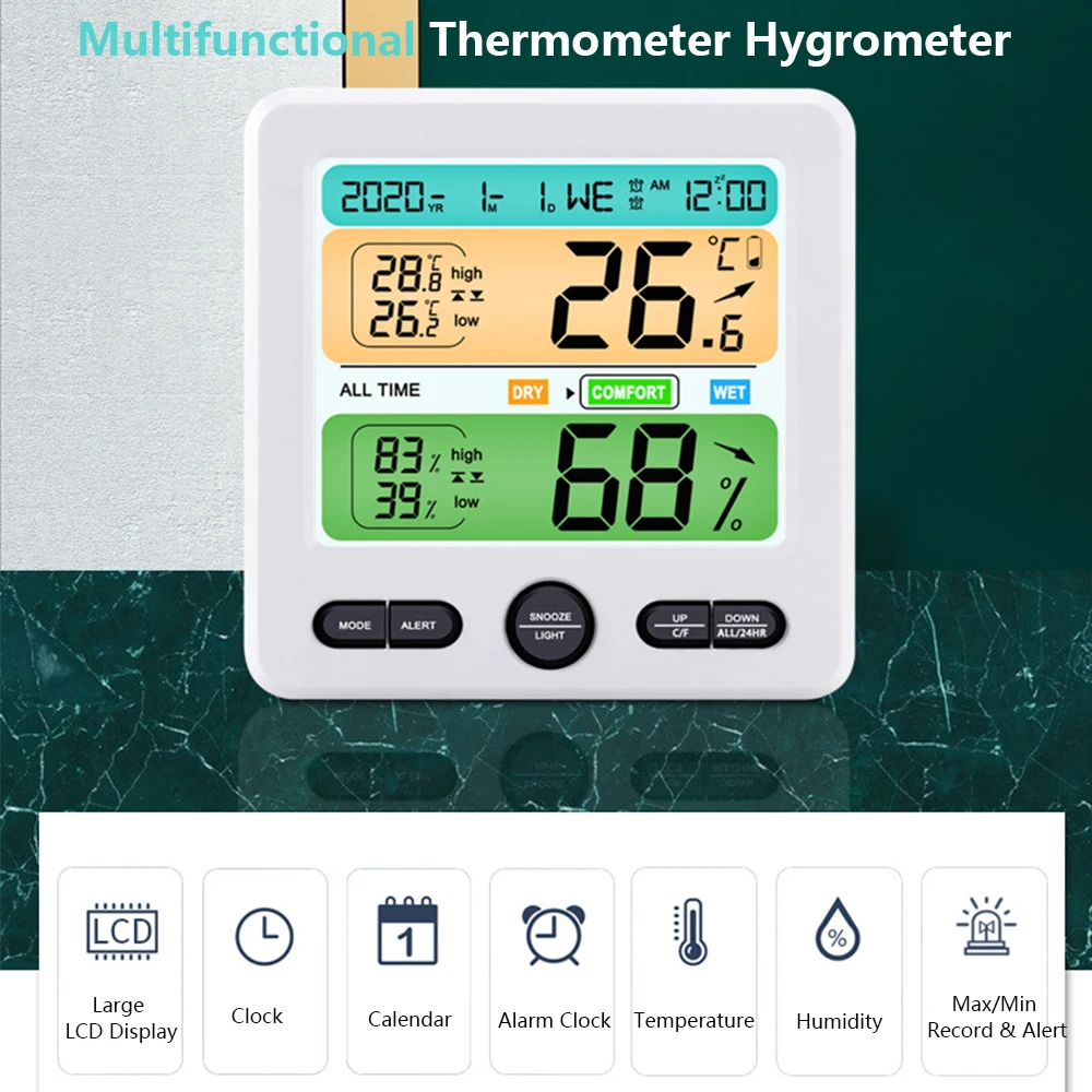 YouMi Large LCD Display Backlight Digital Indoor Room Thermometer Hygrometer For Home With Alarm Clock Function Max/Min Record