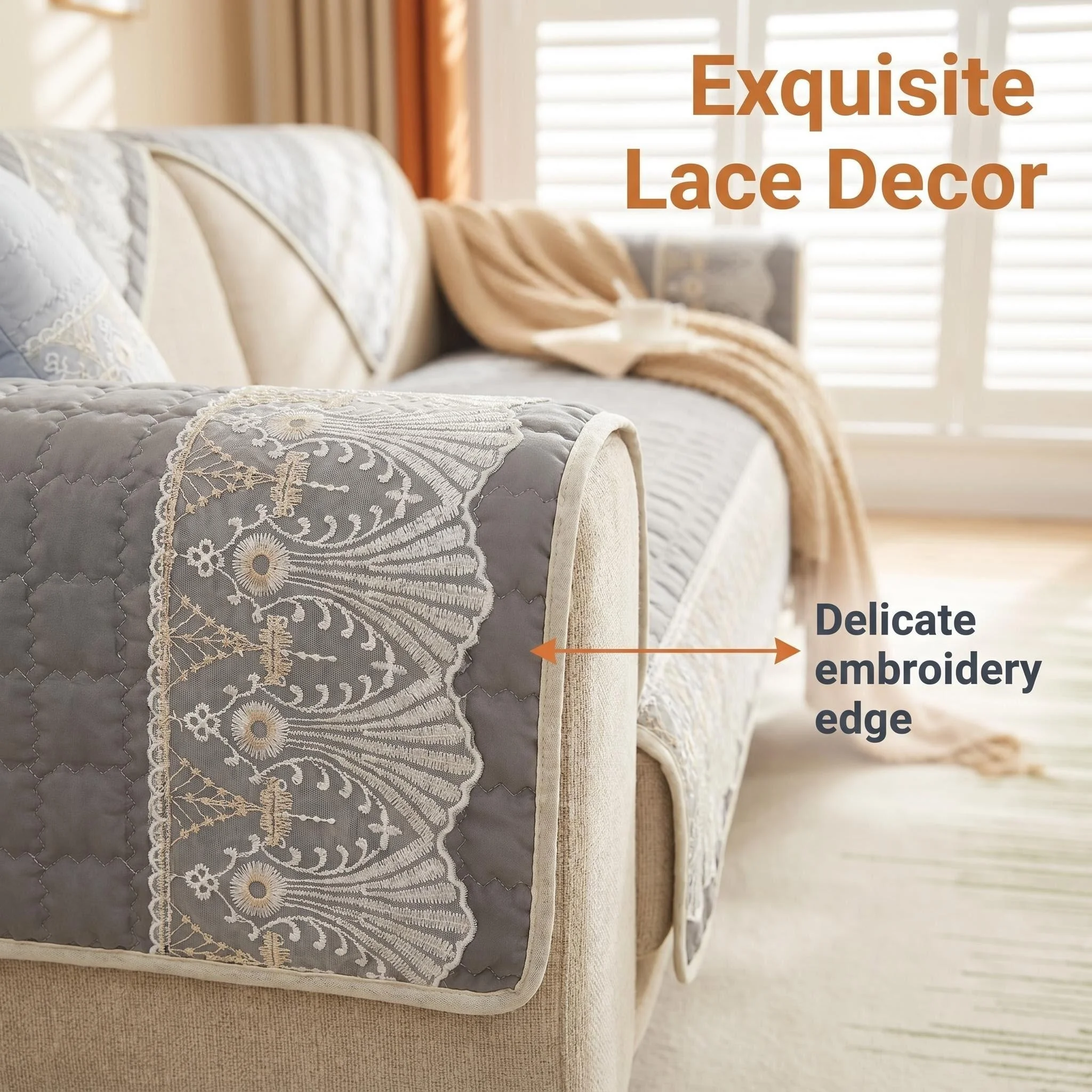 1pc Solid Waffle Quilting Sofa Cover, Anti-Slip Sofa Towel with Lace Decor