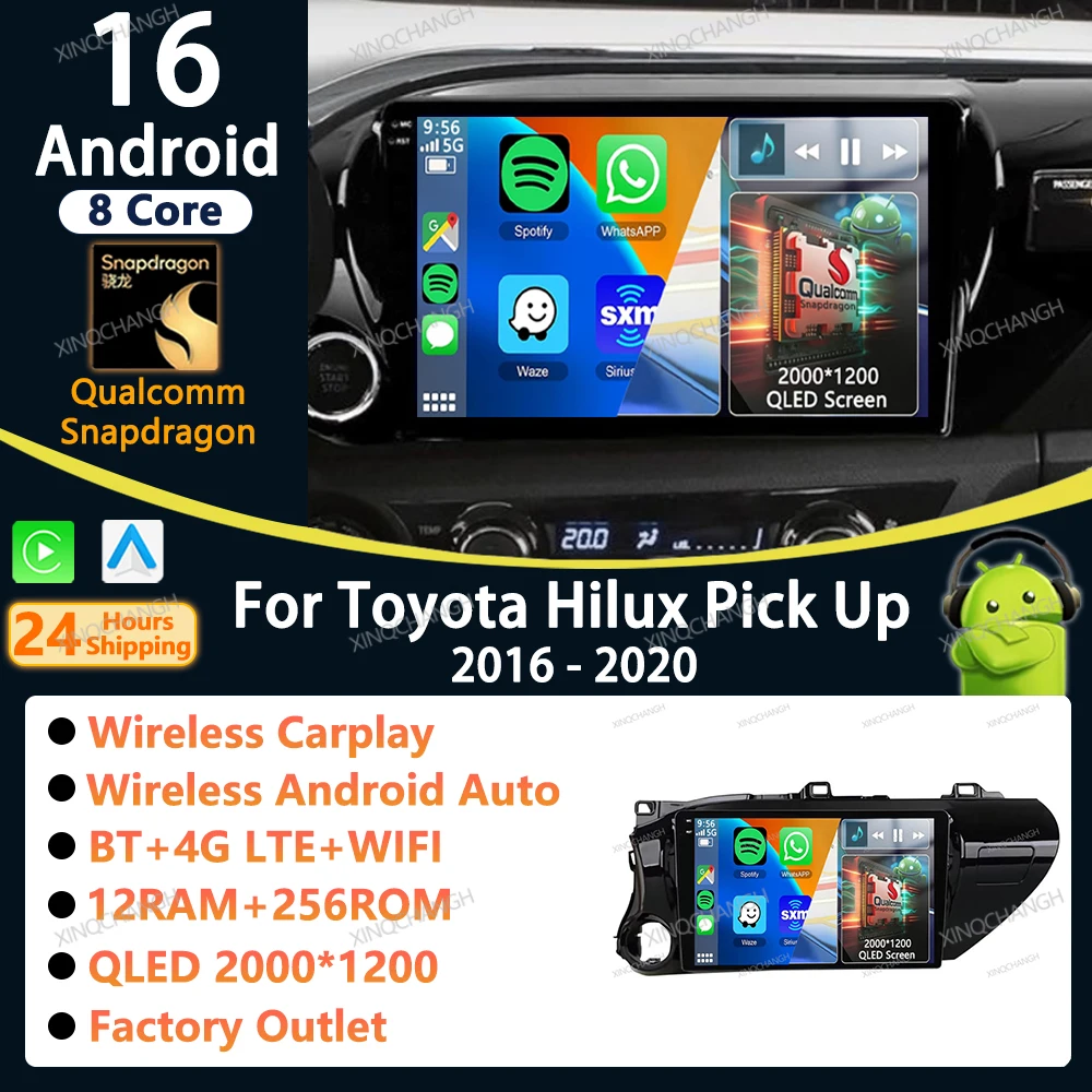 Android 16 Car Radio Carplay Auto For Toyota Hilux Pick UP AN120 2016 - 2020 Stereo Head Unit Audio Player Fascia Panel Video