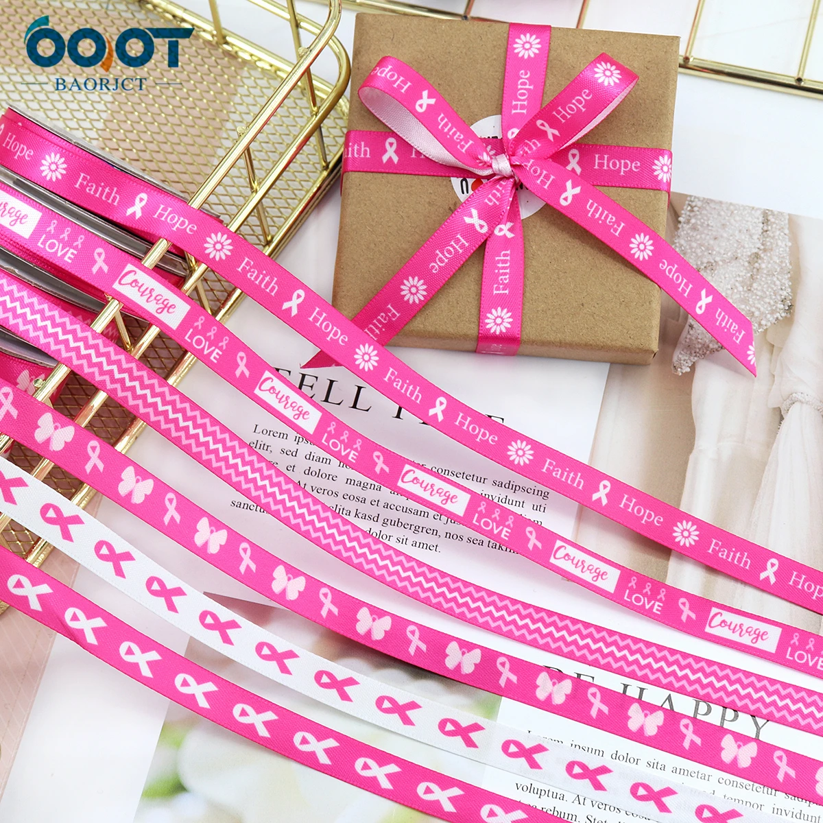 Breast Cancer Awareness Craft Ribbon,221105-2,10MM 10Yards Bow Cap Accessories Party Gift Wrap DIY Handmade Materials