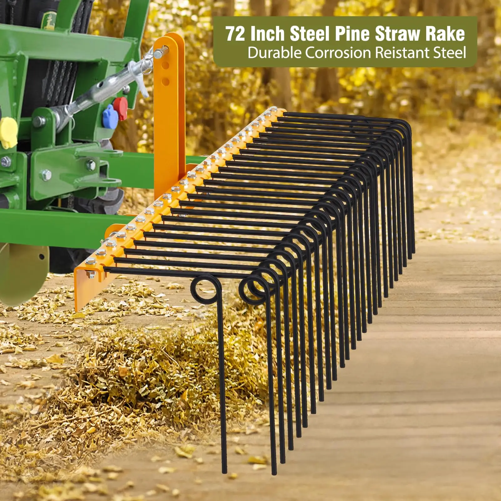 72 Inch Pine Straw Rake, 30 Coil Spring Tines Durable Powder Coated Steel Tow Behind Landscape Rake with 3 Point Hitch Receiver Attachment Fit to Cat0 Cat 1 Tractors for Leaves Grass
