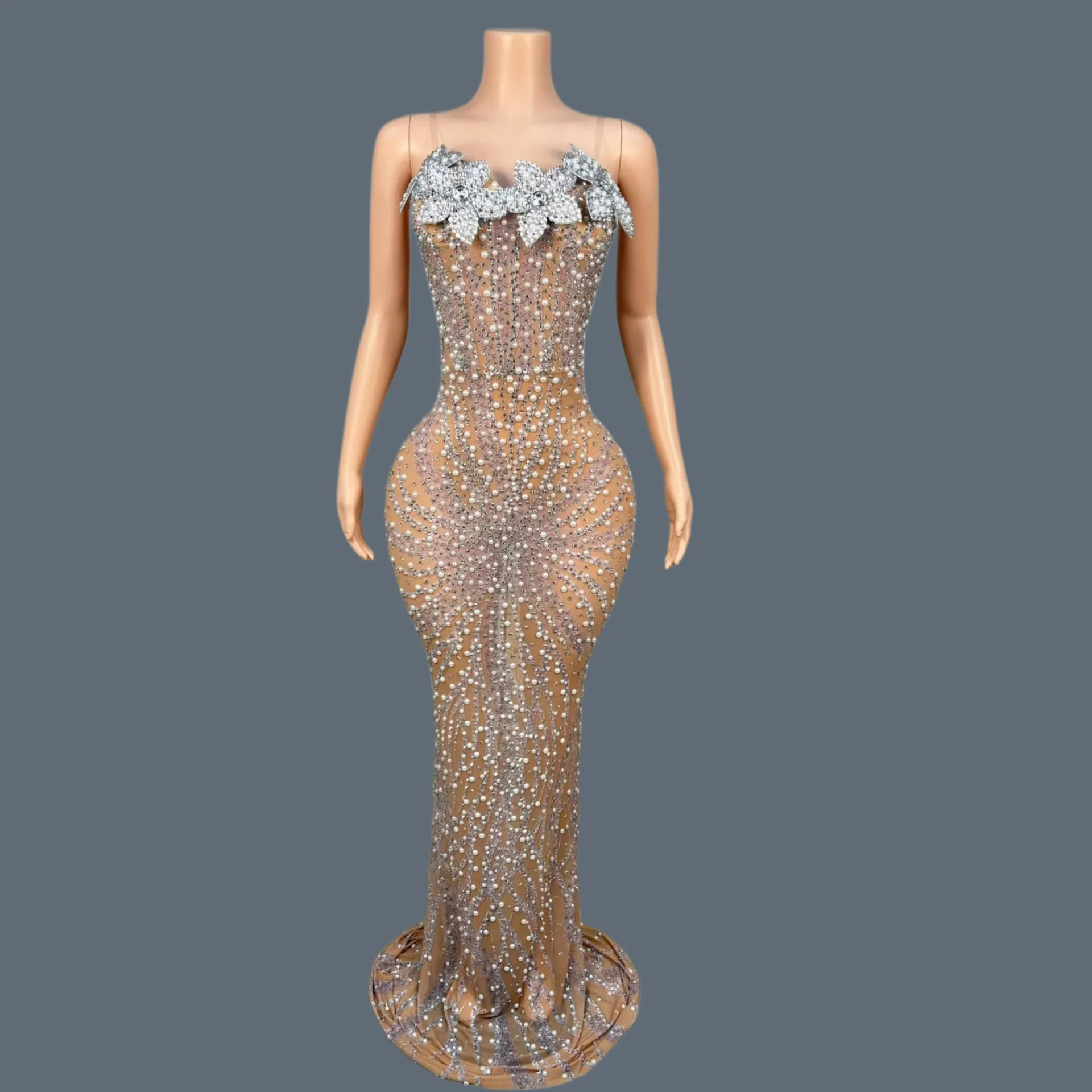 

Elegant See Through Mesh Strapless Dress Women Mermaid Maxi Dress 3D Sparkly Crystal Rhinestone Flower Evening Gown Bingchuan