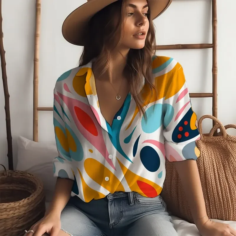 

Spring Autumn Classic Grace Blouse Long Sleeve Shirt Female Street Casual Tops Button Shirt Fashion 3D Printed Office Lady Shirt