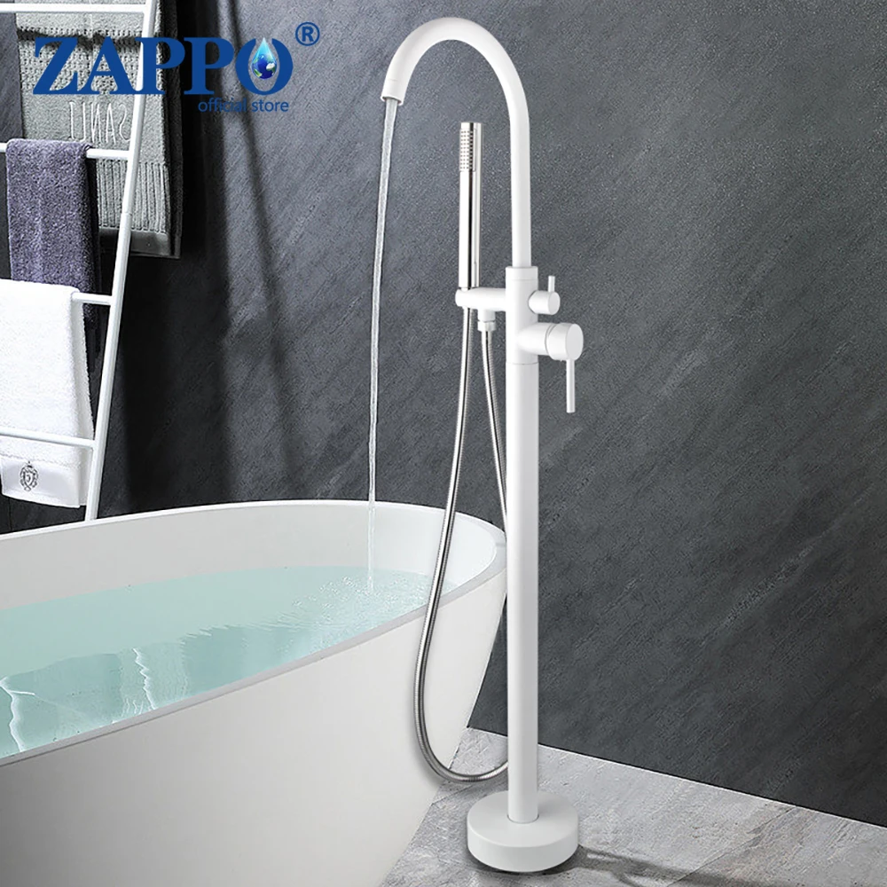 

ZAPPO White Floor Mounted Bathtub Faucet Bathroom Freestanding Bath Tub Shower Set 360 Swivel Spout Faucets Brass Bathtub Mixer