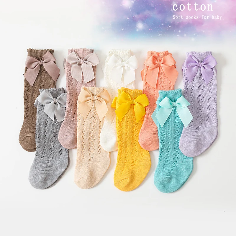 4Pairs Summer Infant Baby Mesh Socks With Bows Candy Color Children's Stocking Princess Style Toddlers Knee High Cotton Sock