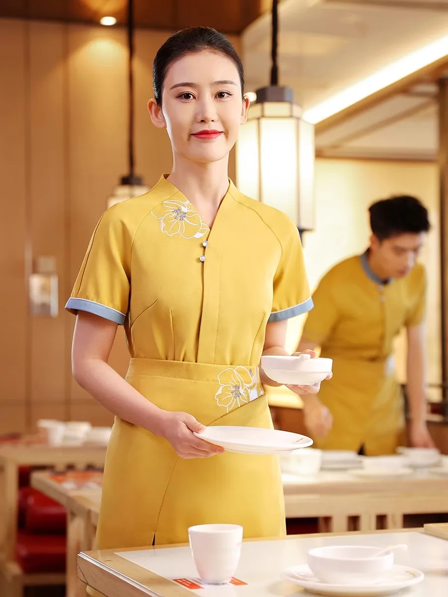 2023 Summer Chinese Restaurant Waiter's Short Sleeve Yellow Shirt+Apron Set Women Hotel Working Uniform Hotpot Waitress Workwear