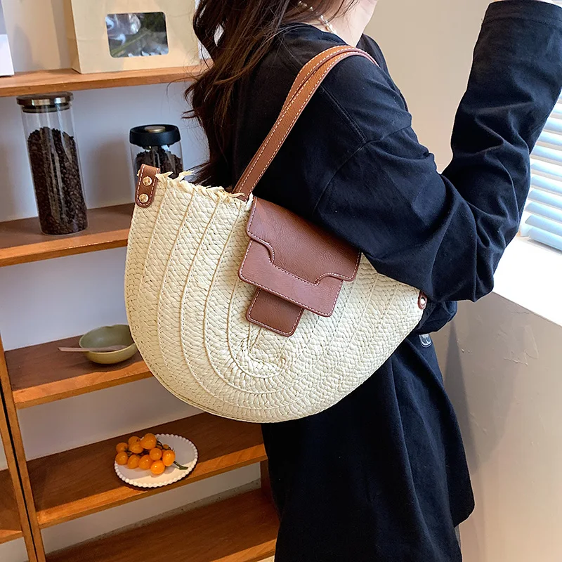 

Summer Vintage Woven St Bag Single oulder Crossbody Beach Coast Underarm Semi-Circular Basket Handbag Soft Polyester