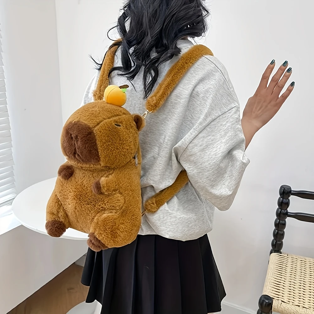 Capibara pluche rugzak met oranje pom-pom, knuffels, gevulde capibara, knuffels, goederen voor kinderen, cadeaus voor meisjes en jongens