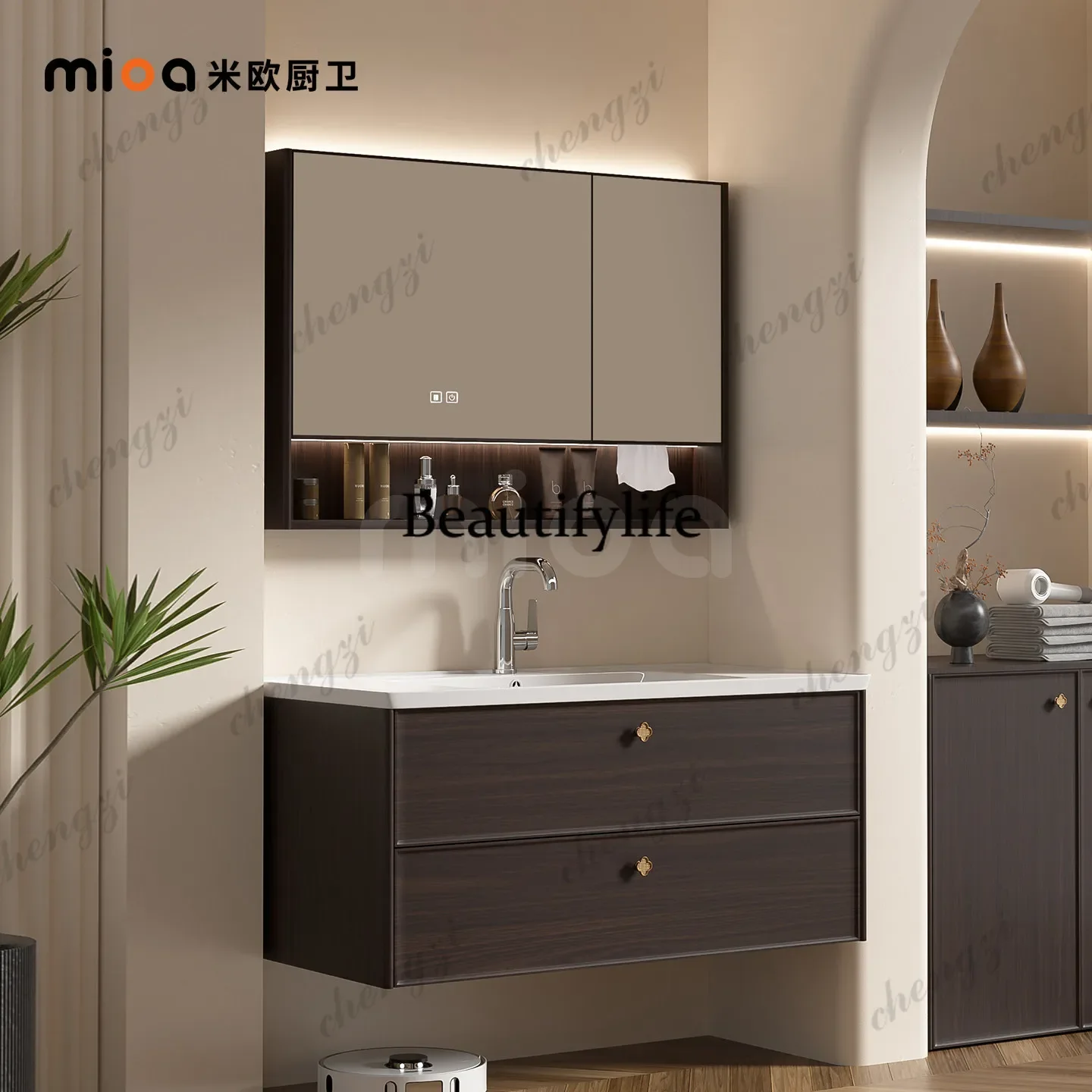 B567 Medieval black walnut all stainless steel bathroom cabinet integrated ceramic basin combination