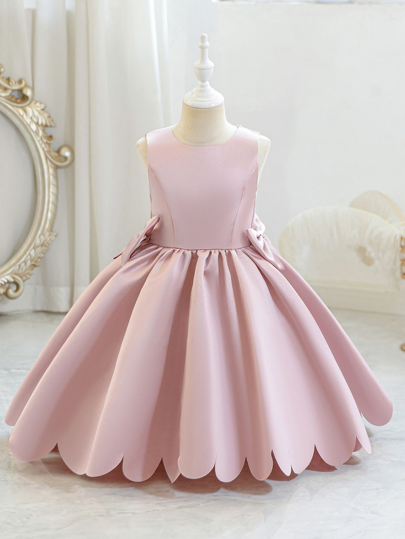 Young Girl Elegant Party Dress Decorated with Pink Satin Ribbon Bow, Girls' Weddings, Parties, Birthday, Special occasions view 3