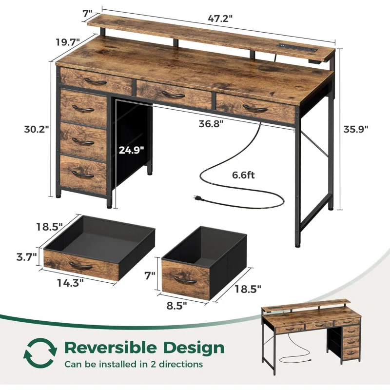 Gaming Desk with 6 Drawers, Computer Desk with LED Lights Power Outlets and Type-C, 47 Inch Office Desk with Storage, Monitor S