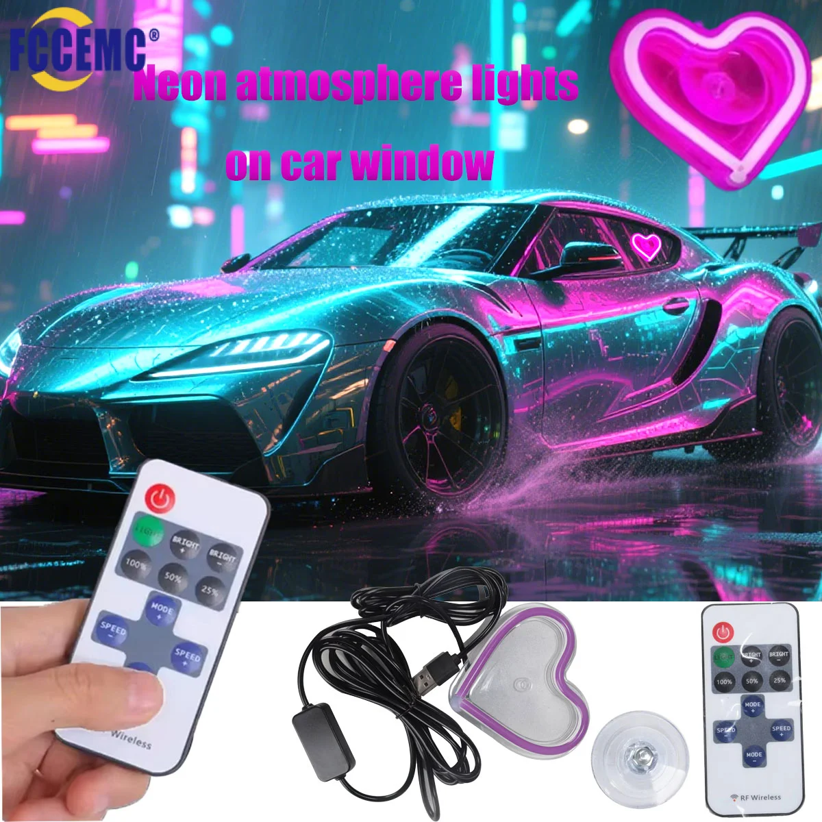 LED Car Window Ambient Lamp With Remote Control USB Glowing Heart Atmosphere Neon Light Car Interior Decoration Accessories