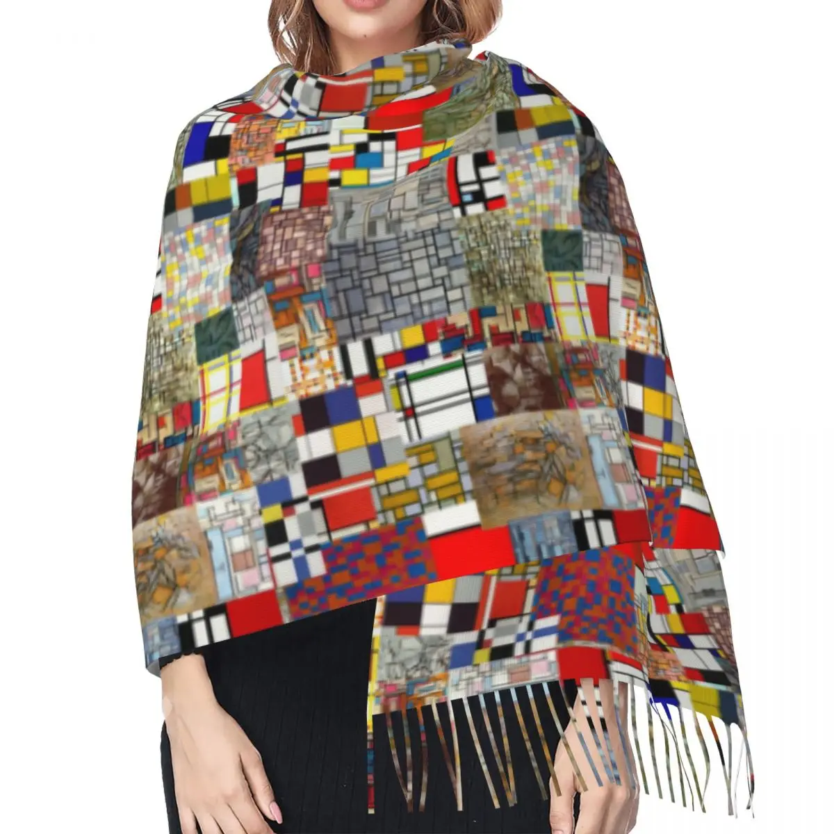 Piet Mondrian De Stijl bufanda De arte abstracto para mujer, chal largo y cálido con borlas, bufandas versátiles De moda Unisex, Invierno