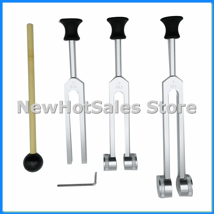 Paquete de 4 diapasones (128 Hz, 256 Hz, 512 Hz) con martillo de diapasón para herramienta de vibración de sonido con base, Silver-VVBC