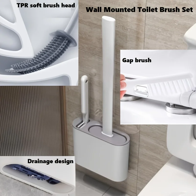 Wall Mount Toilet Brush Set, Modern Flat Head Bathroom Cleaning Brush, Durable & Easy Hang Storage Organizer