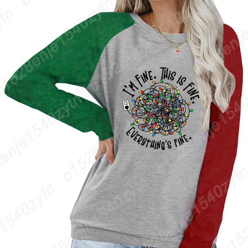 

Christmas Lights I'm Fine This Is Fine Everything's Fine Print Autumn Winter Sweatshirts Ladies Round Neck Long Sleeves T-Shirts