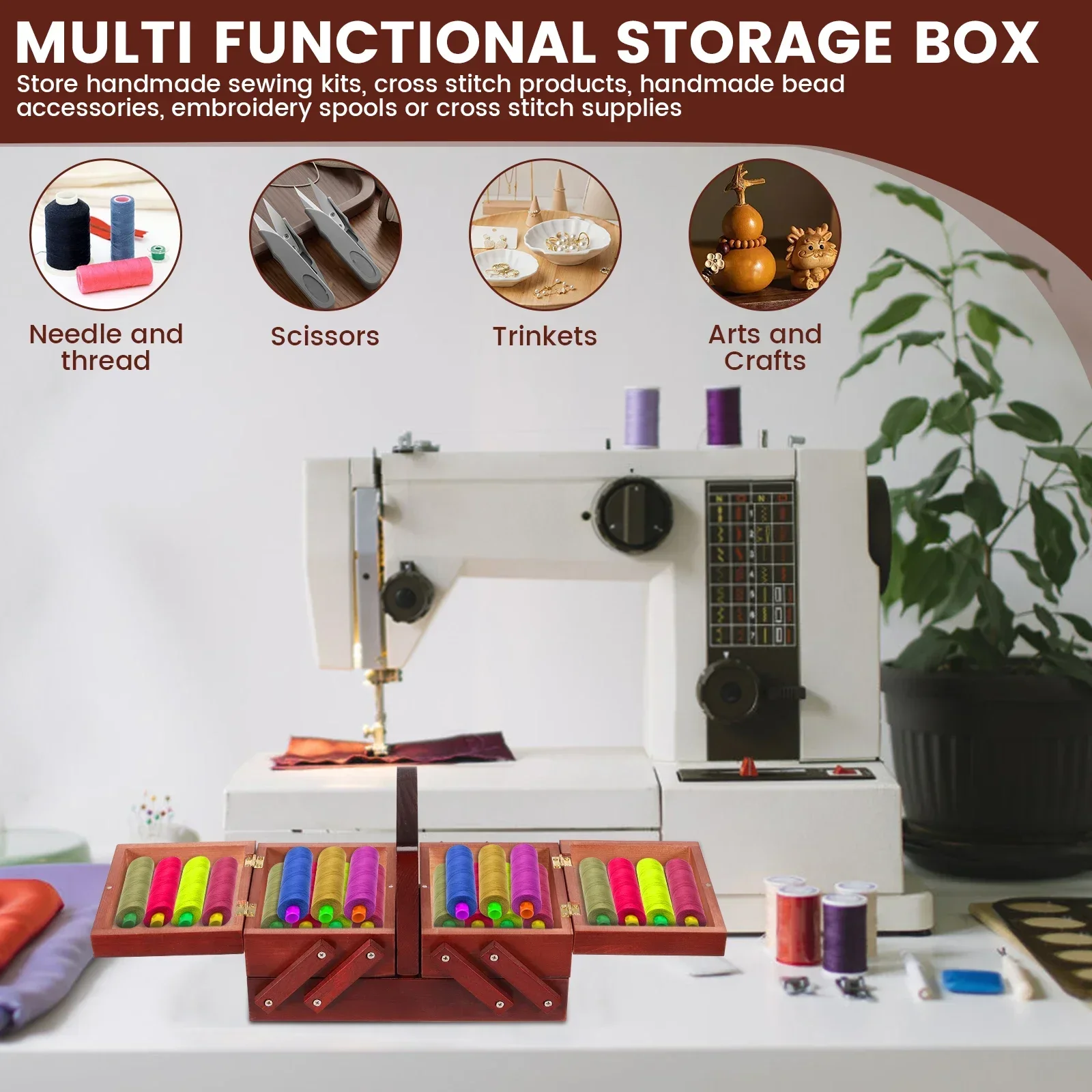 Expandable Sewing Thread Box Wood Vintage Bobbins Empty Sewing Reel Basket with Handle Needle Thread Storage Case DIY Tools view 4
